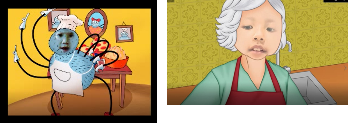 Two animated scenes: a blue multi-armed insect chef on the left, and a child with white hair wearing an apron on the right.